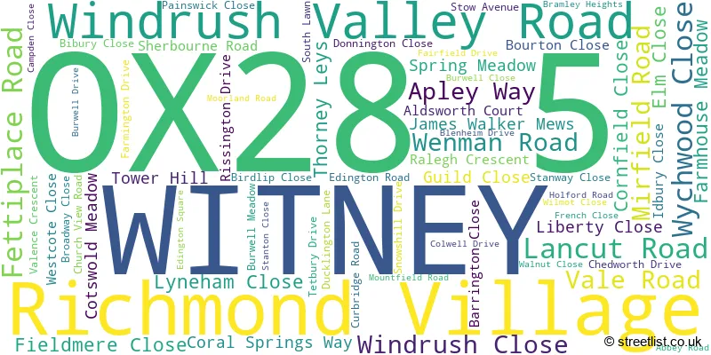 A word cloud for the OX28 5 postcode